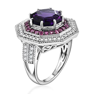 D'Joy Premium Moroccan Amethyst and Multi Gemstone 6.00 ctw Royal Octagon Ring in Rhodium Over Sterling Silver (Size 10.0)