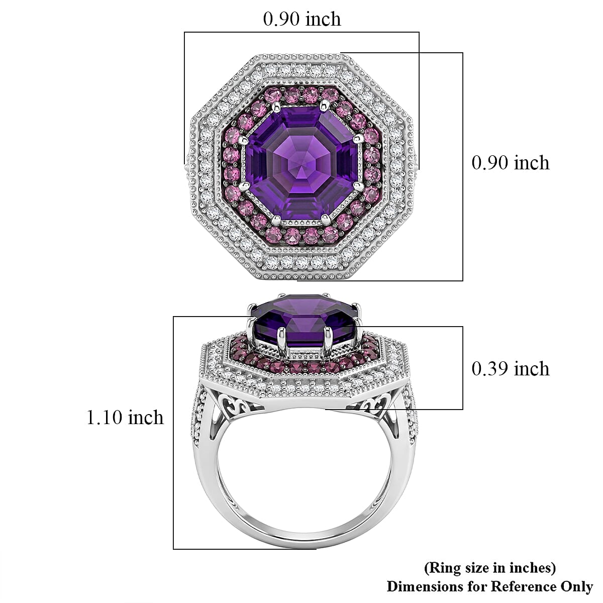 D'Joy Premium Moroccan Amethyst and Multi Gemstone 6.00 ctw Royal Octagon Ring in Rhodium Over Sterling Silver (Size 10.0) image number 5
