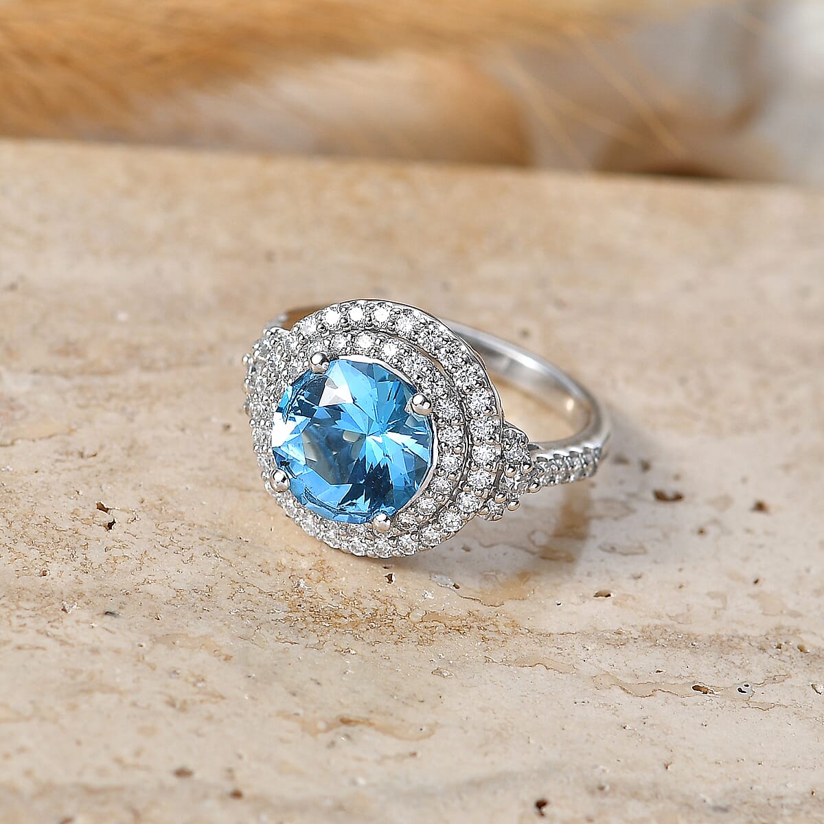 Certified & Appraised D'Joy Premium Fancy Cut Swiss Blue Topaz and Moissanite 3.85 ctw Ring in Rhodium Over Sterling Silver (Size 10.0) image number 1