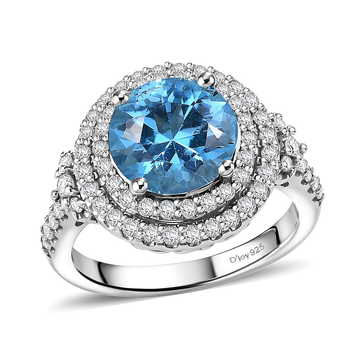 Certified & Appraised D'Joy Premium Fancy Cut Swiss Blue Topaz and Moissanite 3.85 ctw Ring in Rhodium Over Sterling Silver (Size 6.0)