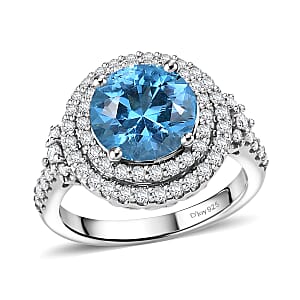Certified & Appraised D'Joy Premium Fancy Cut Swiss Blue Topaz and Moissanite 3.85 ctw Ring in Rhodium Over Sterling Silver (Size 6.0)