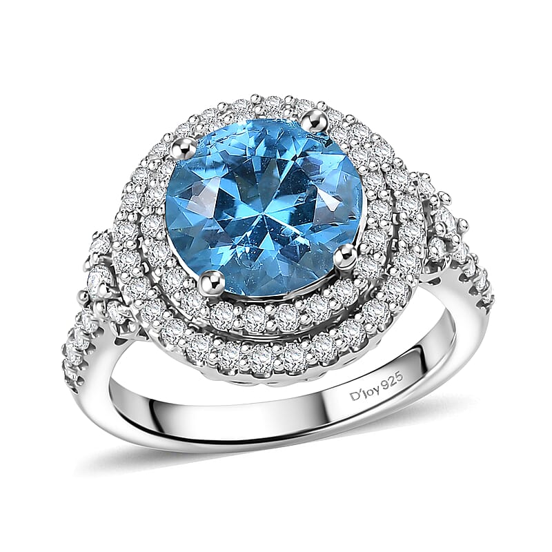 Certified & Appraised D'Joy Premium Fancy Cut Swiss Blue Topaz and Moissanite 3.85 ctw Ring in Rhodium Over Sterling Silver (Size 6.0)