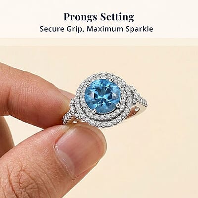 Certified & Appraised D'Joy Premium Fancy Cut Swiss Blue Topaz and Moissanite 3.85 ctw Ring in Rhodium Over Sterling Silver (Size 6.0)