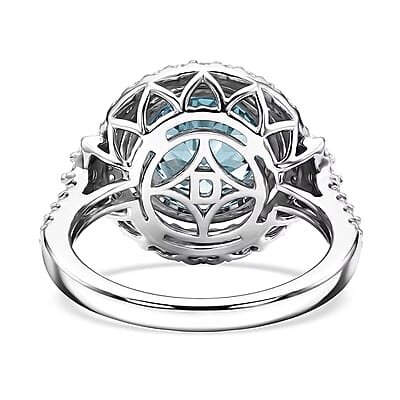 Certified & Appraised D'Joy Premium Fancy Cut Swiss Blue Topaz and Moissanite 3.85 ctw Ring in Rhodium Over Sterling Silver (Size 6.0)