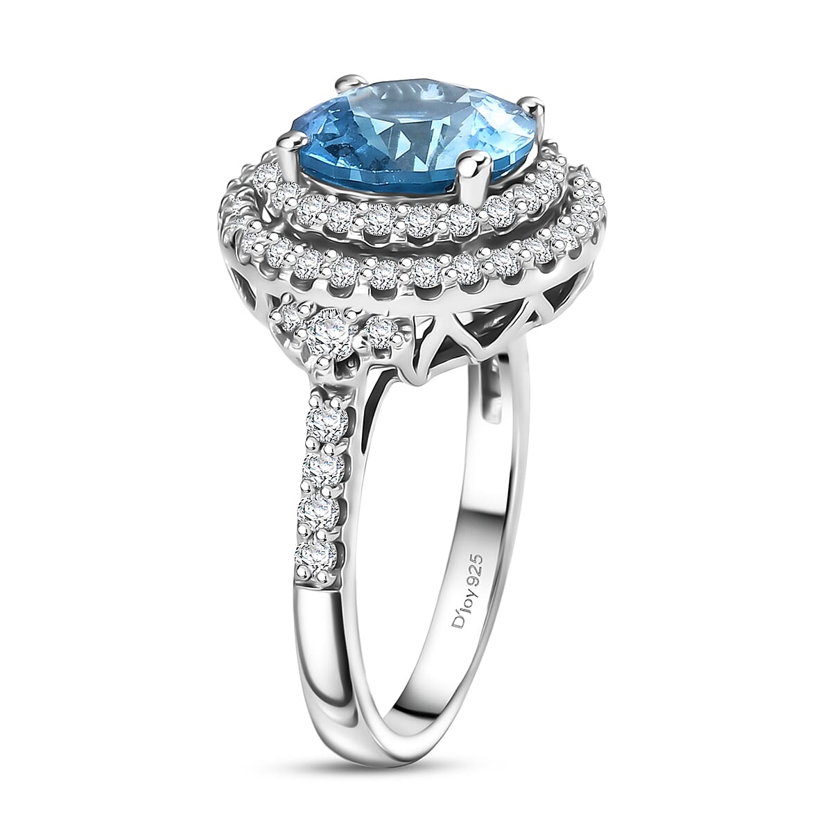Certified & Appraised D'Joy Premium Fancy Cut Swiss Blue Topaz and Moissanite 3.85 ctw Ring in Rhodium Over Sterling Silver (Size 8.0) image number 3