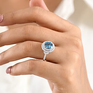 Certified & Appraised D'Joy Premium Fancy Cut Swiss Blue Topaz and Moissanite 3.85 ctw Ring in Rhodium Over Sterling Silver (Size 9.0)