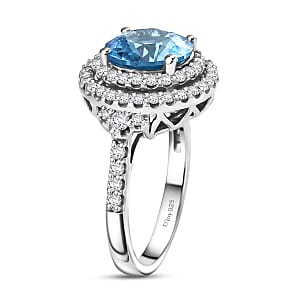 Certified & Appraised D'Joy Premium Fancy Cut Swiss Blue Topaz and Moissanite 3.85 ctw Ring in Rhodium Over Sterling Silver (Size 9.0)