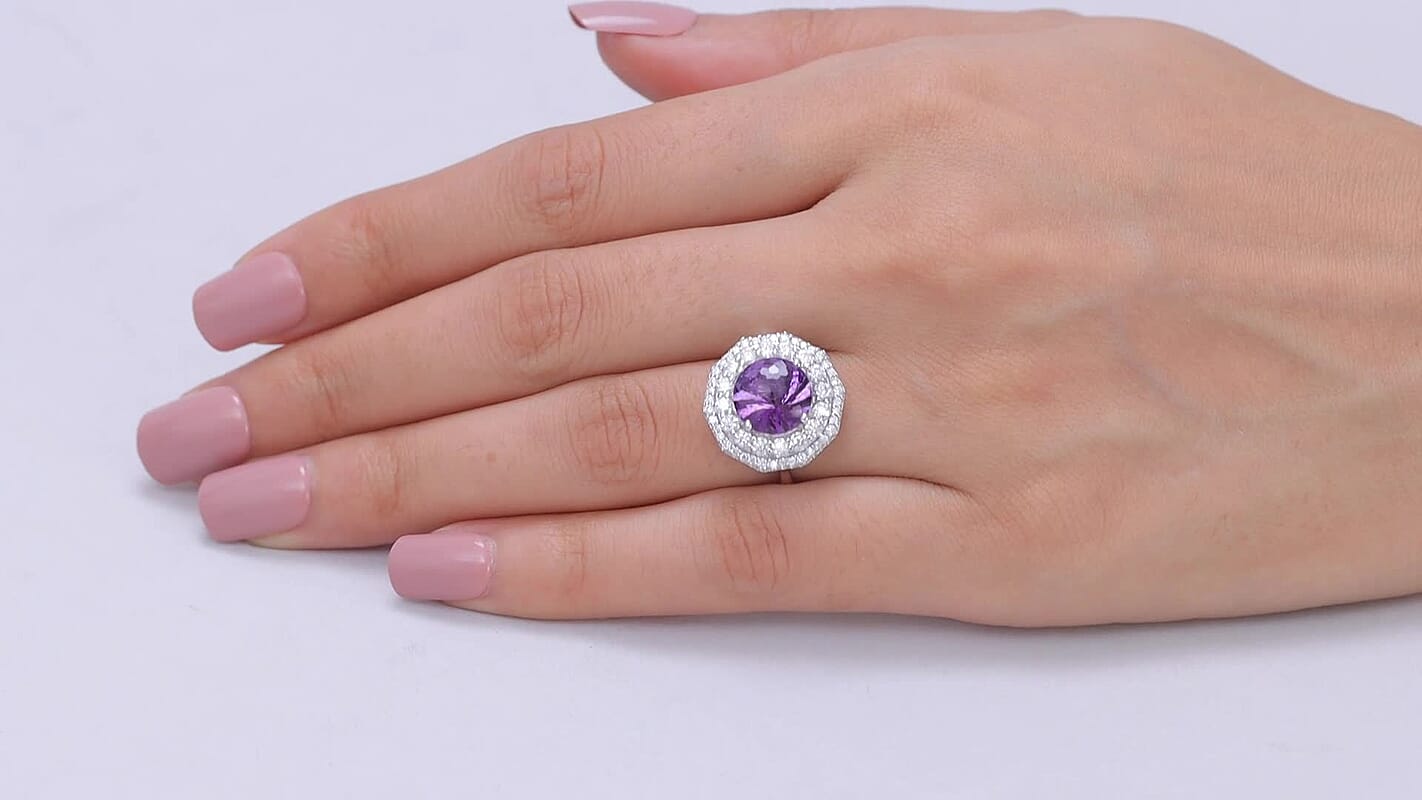 D'Joy Pinwheel Cut Premium Zambian Amethyst, Moissanite Ring in Rhodium Over Sterling Silver (Size 10.0) 4.20 ctw