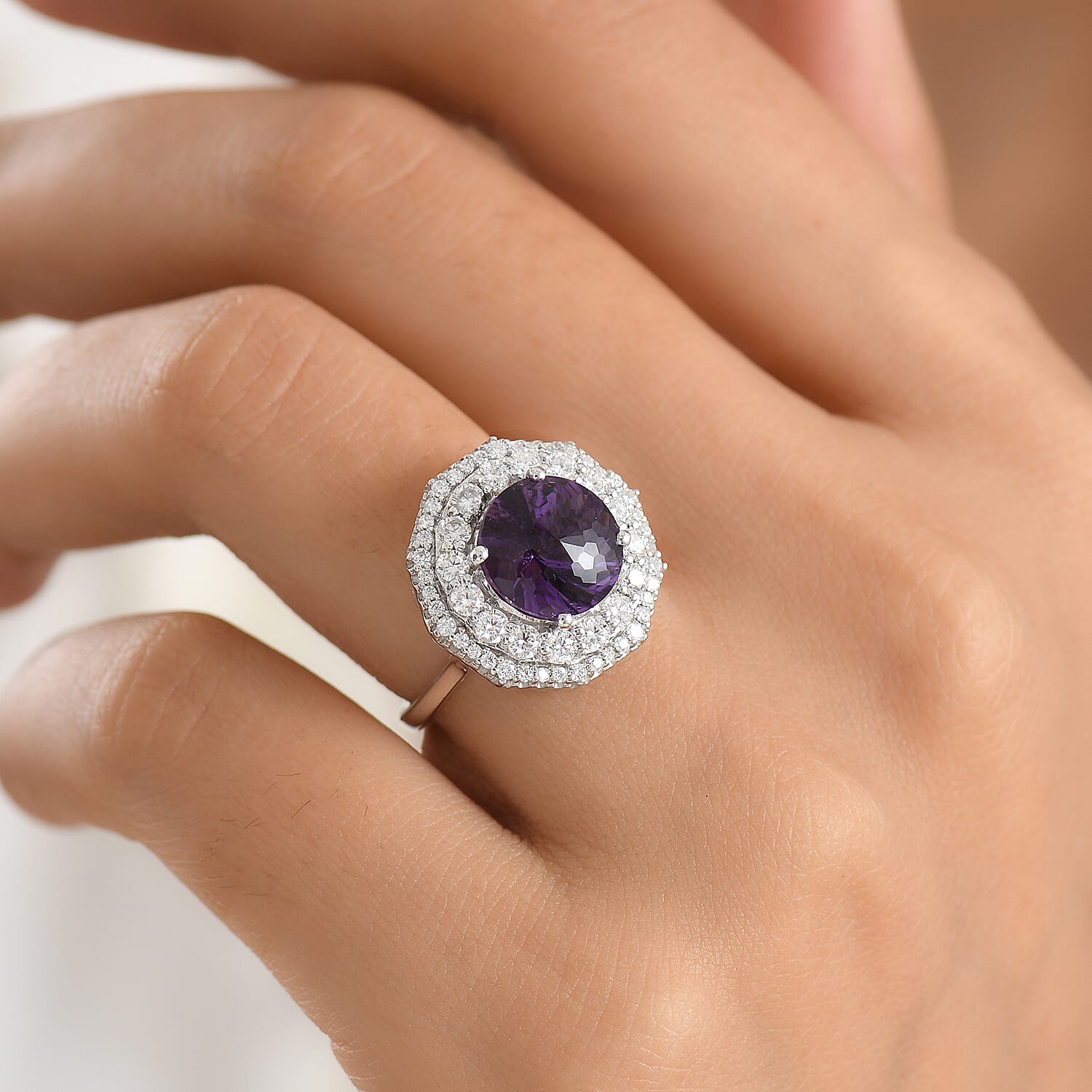 Certified & Appraised D'Joy Pinwheel Cut Premium Zambian Amethyst and Moissanite 4.20 ctw Ring in Rhodium Over Sterling Silver (Size  6.0)