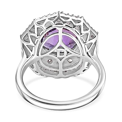 Certified and Appraised D'Joy Pinwheel Cut Premium Zambian Amethyst and Moissanite 4.20 ctw Ring in Rhodium Over Sterling Silver (Size 6.0)