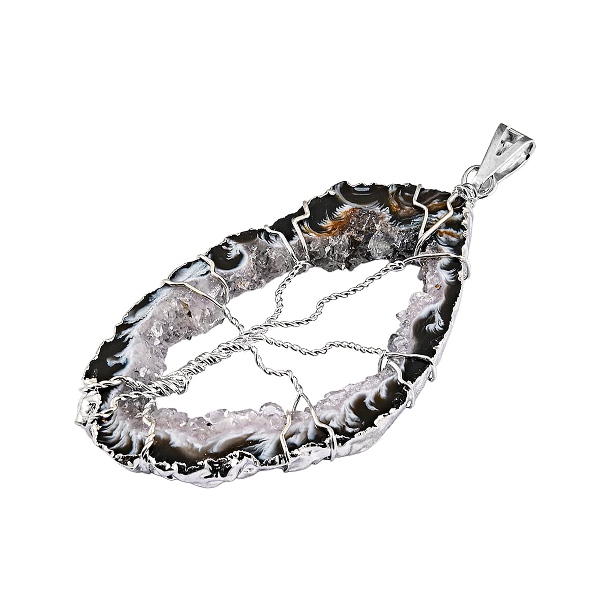 Dark Texture Quartz 58.00 ctw Geode Pendant without Chain in Silvertone image number 3