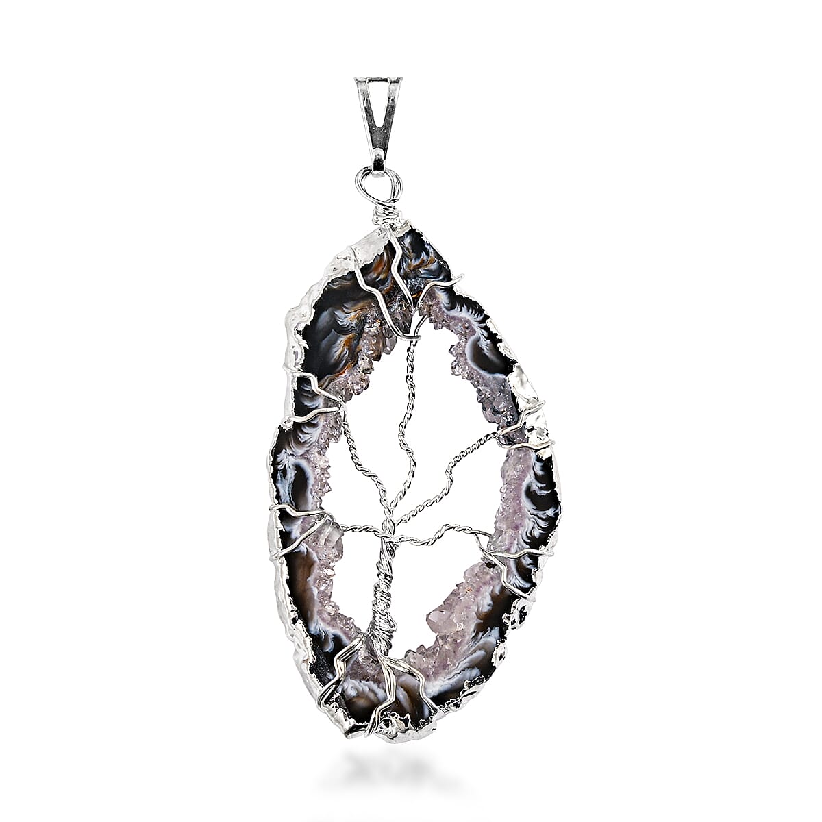 Dark Texture Quartz 58.00 ctw Geode Pendant without Chain in Silvertone image number 4