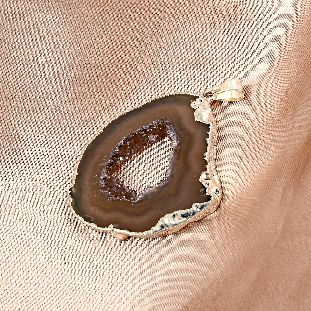 Smokey Texture Quartz 33.00 ctw Geode Pendant without Chain in Silvertone image number 1