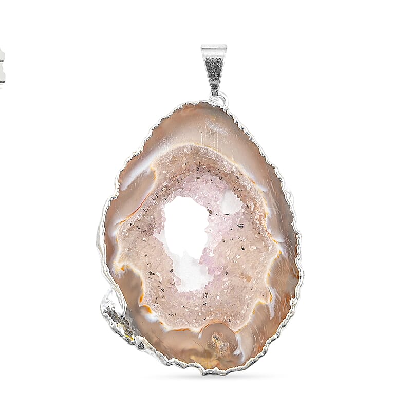 Rose Texture Quartz 42.00 ctw Geode Pendant without Chain in Silvertone