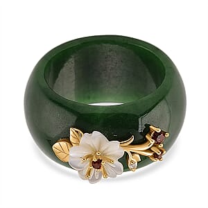 D'Joy Green Jade (D) and Multi Gemstone 32.20 ctw Band Ring with Mother of Pearl Flower in 14K Yellow Gold Over Sterling Silver (Size 10.0)
