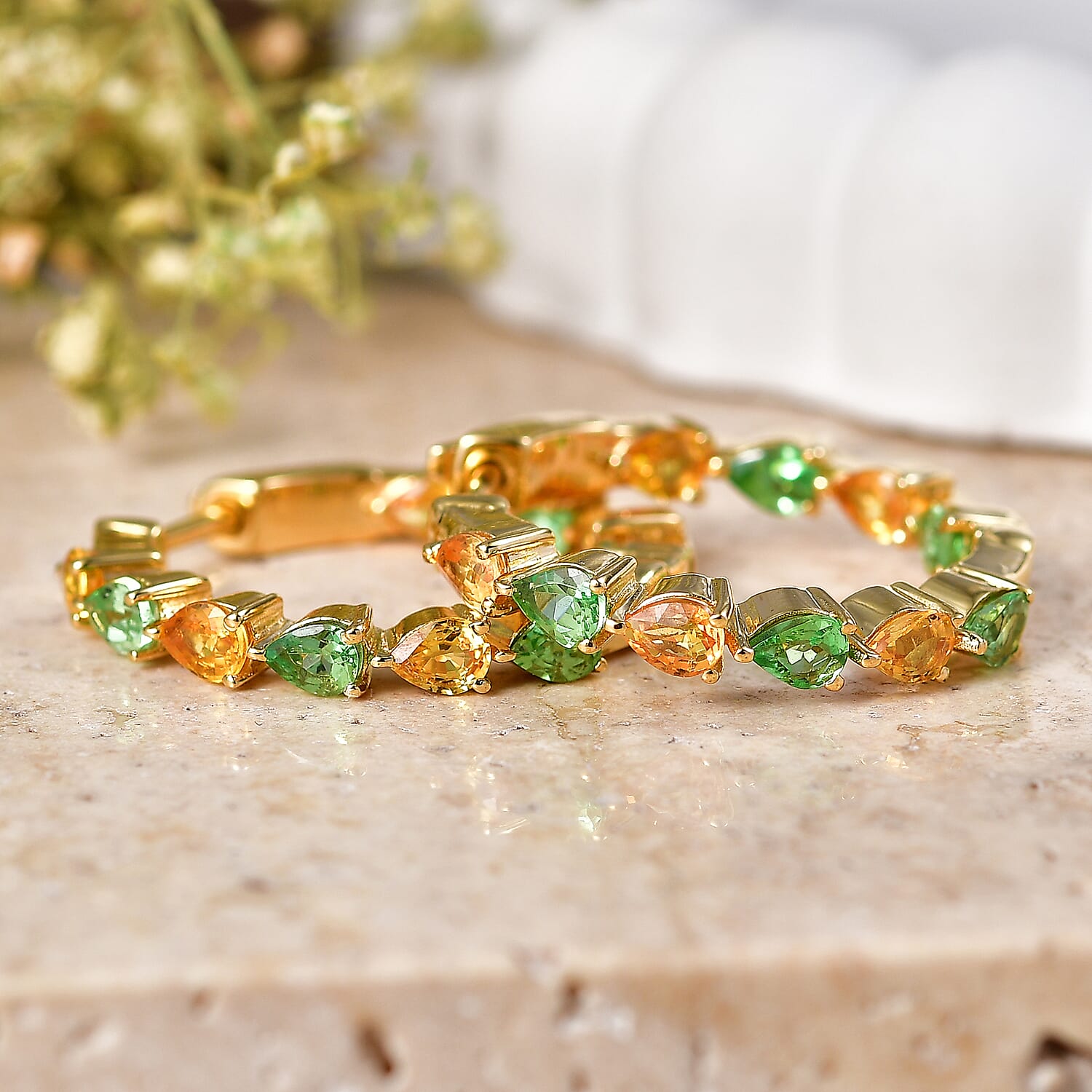 D'Joy Premium Tsavorite Garnet and Yellow Sapphire 3.35 ctw Majestic Leaf Line Earrings in 18K Vermeil Yellow Gold Over Sterling Silver