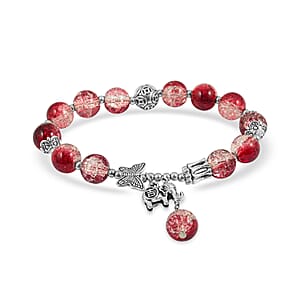 Red Glass Beaded Stretch Bracelet with Butterfly and Elephant Charm in Silvertone