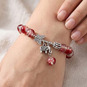 Red Glass Beaded Stretch Bracelet with Butterfly and Elephant Charm in Silvertone