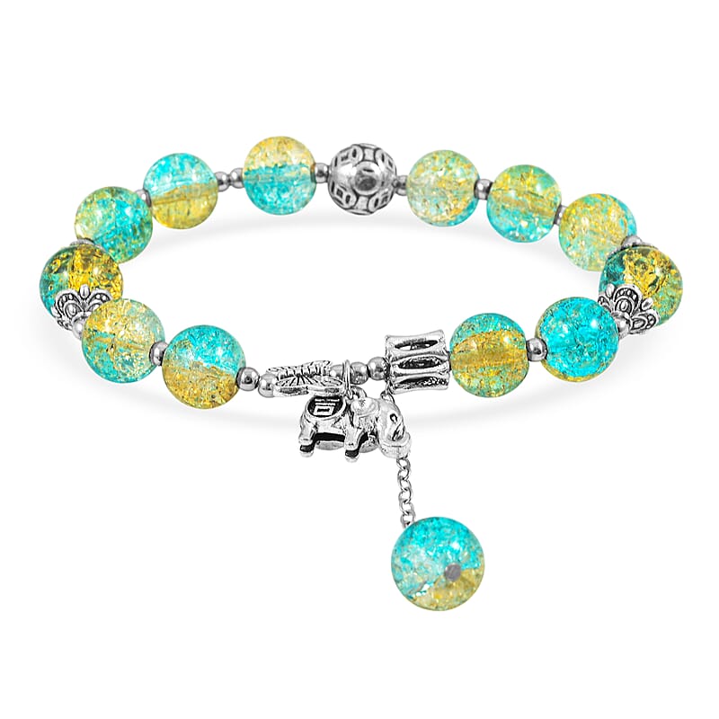 Green Yellow Glass Beaded Stretch Bracelet with Butterfly and Elephant Charm in Silvertone