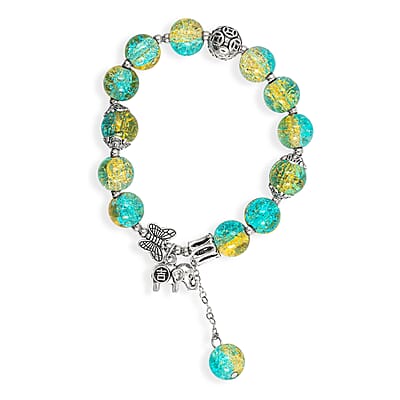 Green Yellow Glass Beaded Stretch Bracelet with Butterfly and Elephant Charm in Silvertone