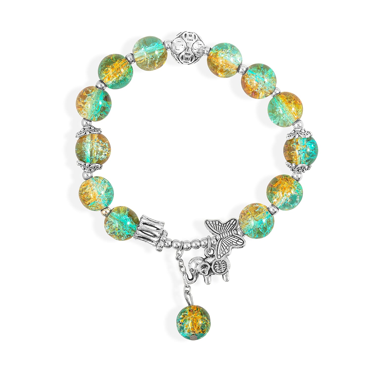 Blue Yellow Glass Beaded Stretch Bracelet with Butterfly and Elephant Charm in Silvertone