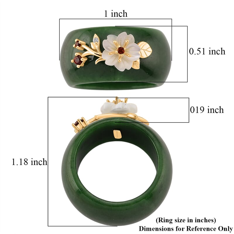 D'Joy Green Jade (D) and Multi Gemstone 32.20 ctw Band Ring with Mother of Pearl Flower in 14K Yellow Gold Over Sterling Silver (Size 11.0)
