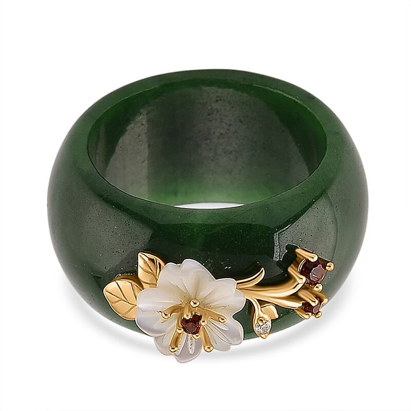 D'Joy Green Jade (D) and Multi Gemstone 32.20 ctw Band Ring with Mother of Pearl Flower in 14K Yellow Gold Over Sterling Silver (Size 6.0)