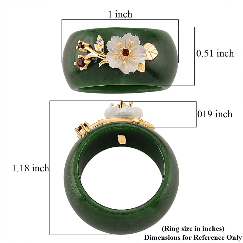 D'Joy Green Jade (D) and Multi Gemstone 32.20 ctw Band Ring with Mother of Pearl Flower in 14K Yellow Gold Over Sterling Silver (Size 6.0)