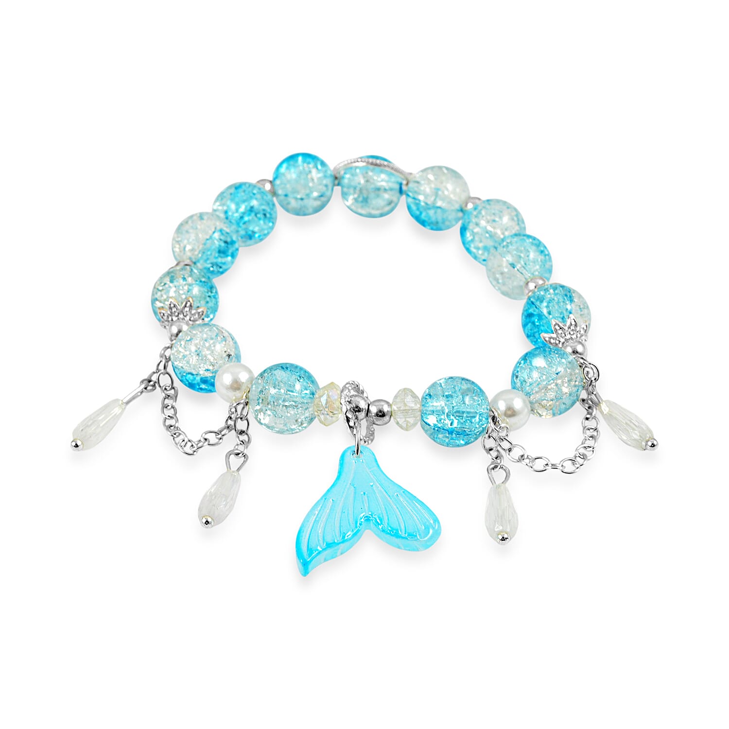 Sky Bue White Glass Beaded Stretch Bracelet with Charm in Silvertone