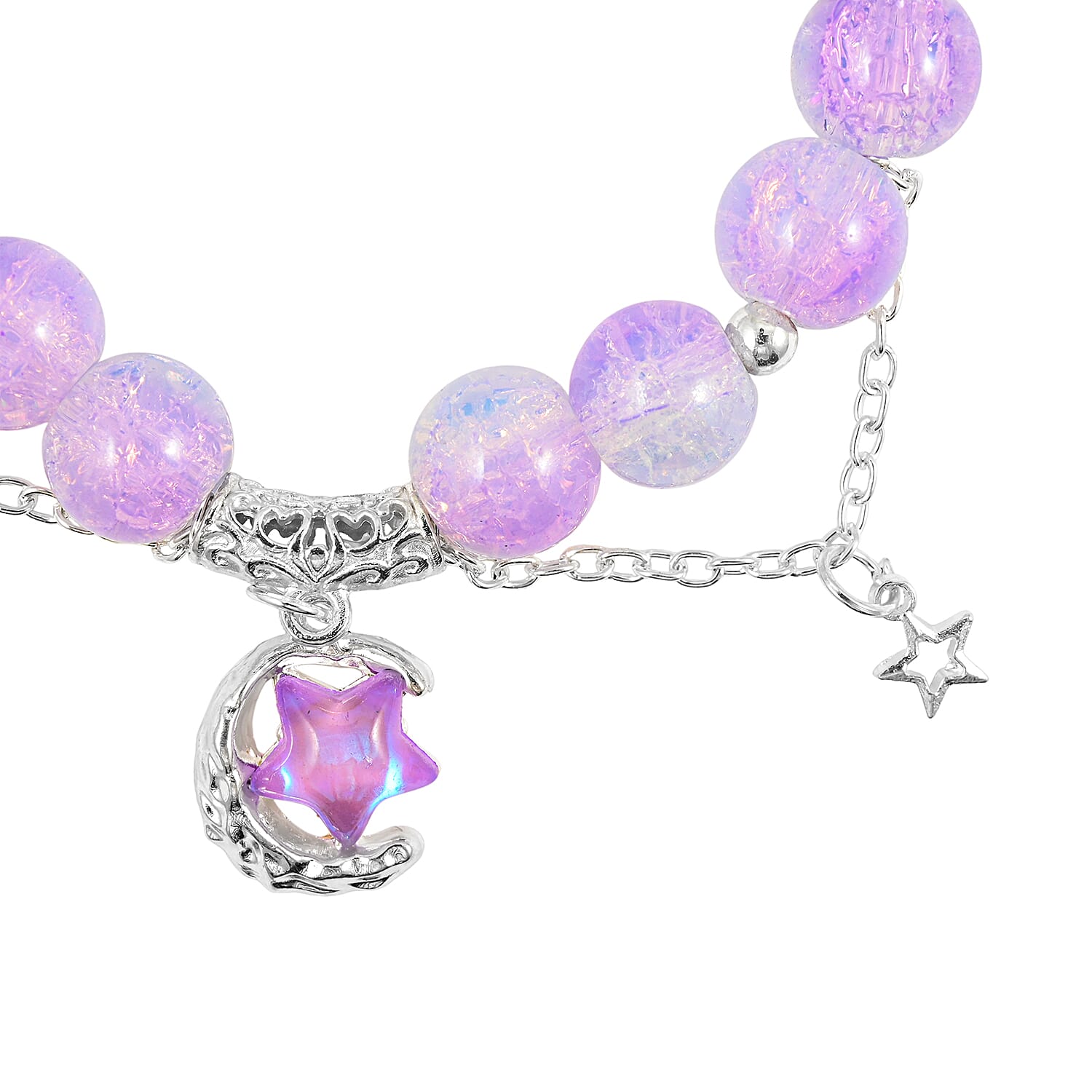 White Glass Beaded Stretch Bracelet with Charm in Silvertone