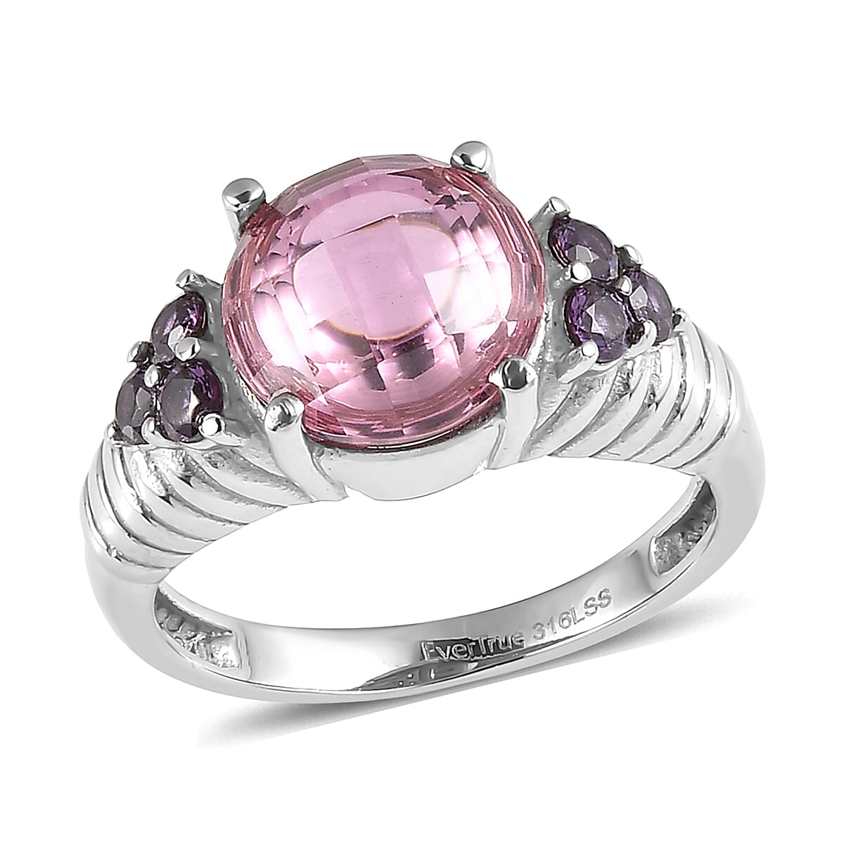EverTrue Simulated Pink and Amethyst Color Diamond Ring in Stainless Steel (Size 6.0)