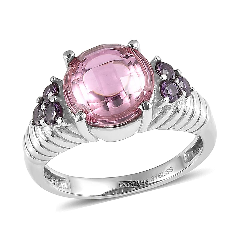 EverTrue Simulated Pink and Amethyst Color Diamond Ring in Stainless Steel (Size 6.0)