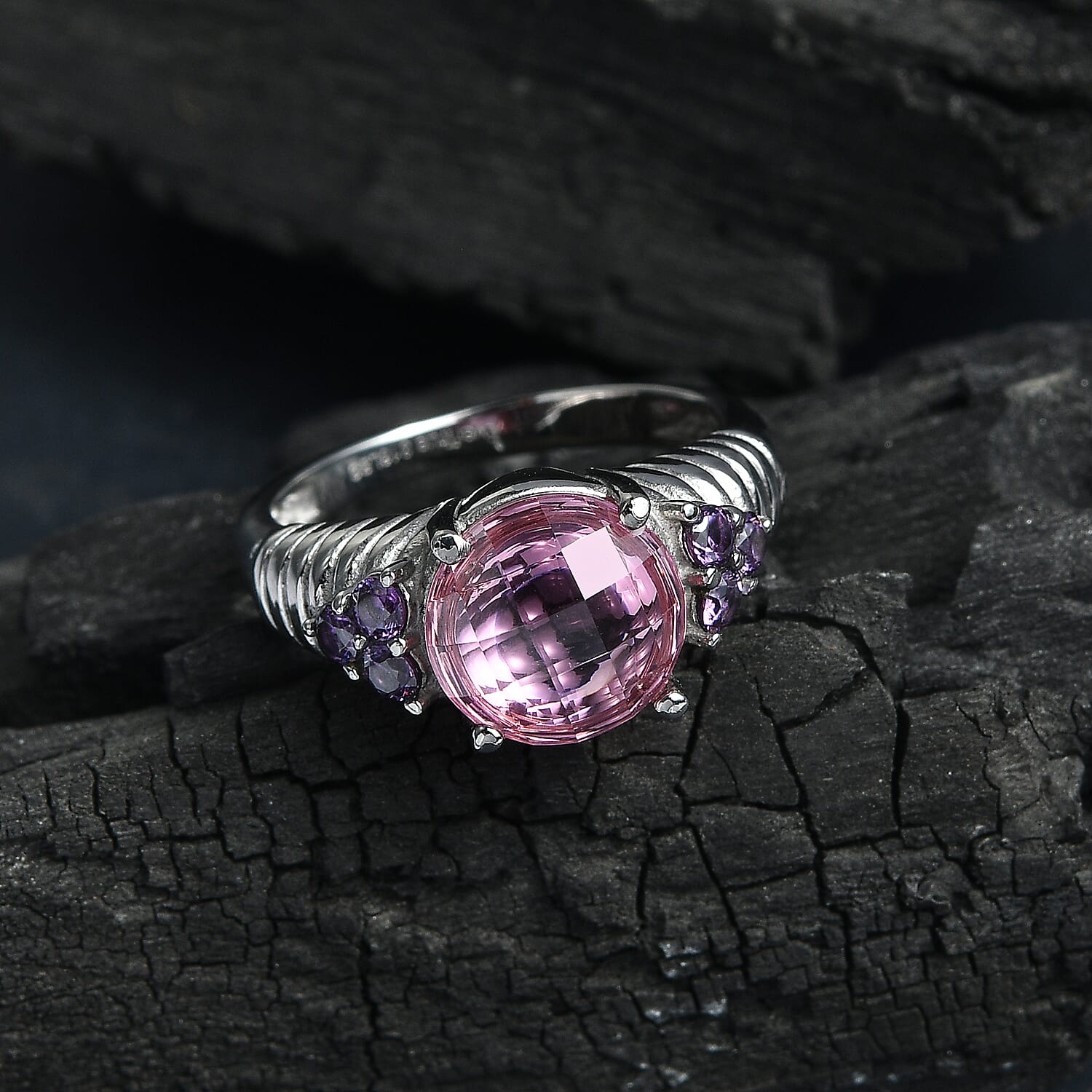 EverTrue Simulated Pink and Amethyst Color Diamond Ring in Stainless Steel (Size 6.0)