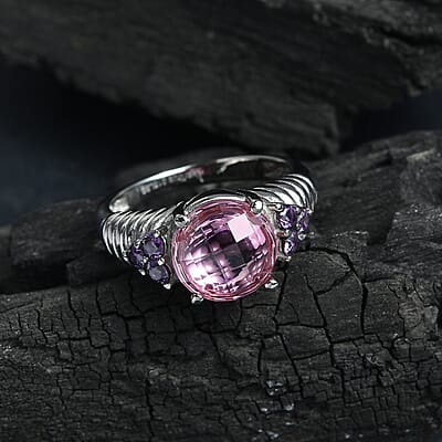 EverTrue Simulated Pink and Amethyst Color Diamond Ring in Stainless Steel (Size 6.0)