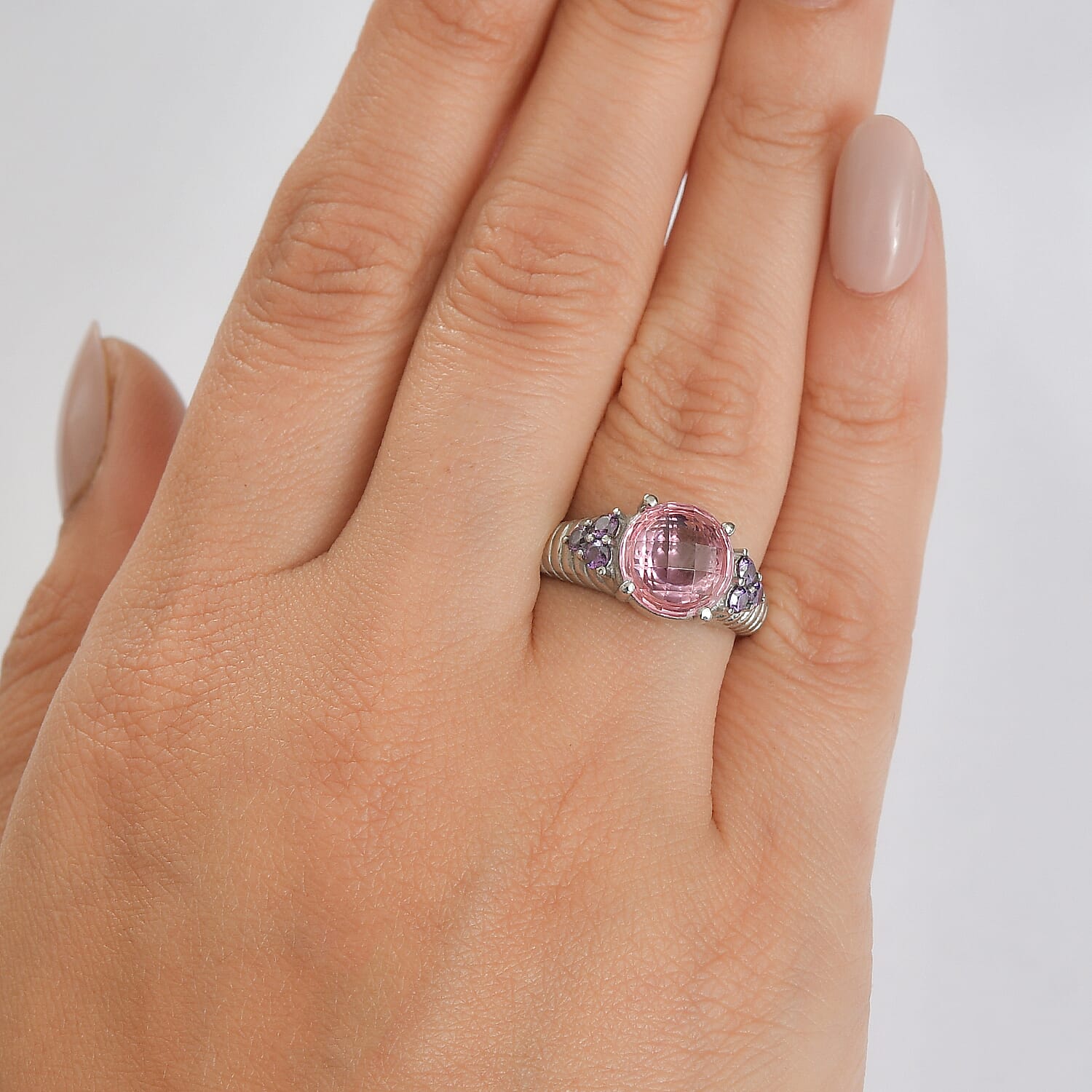 EverTrue Simulated Pink and Amethyst Color Diamond Ring in Stainless Steel (Size 6.0)