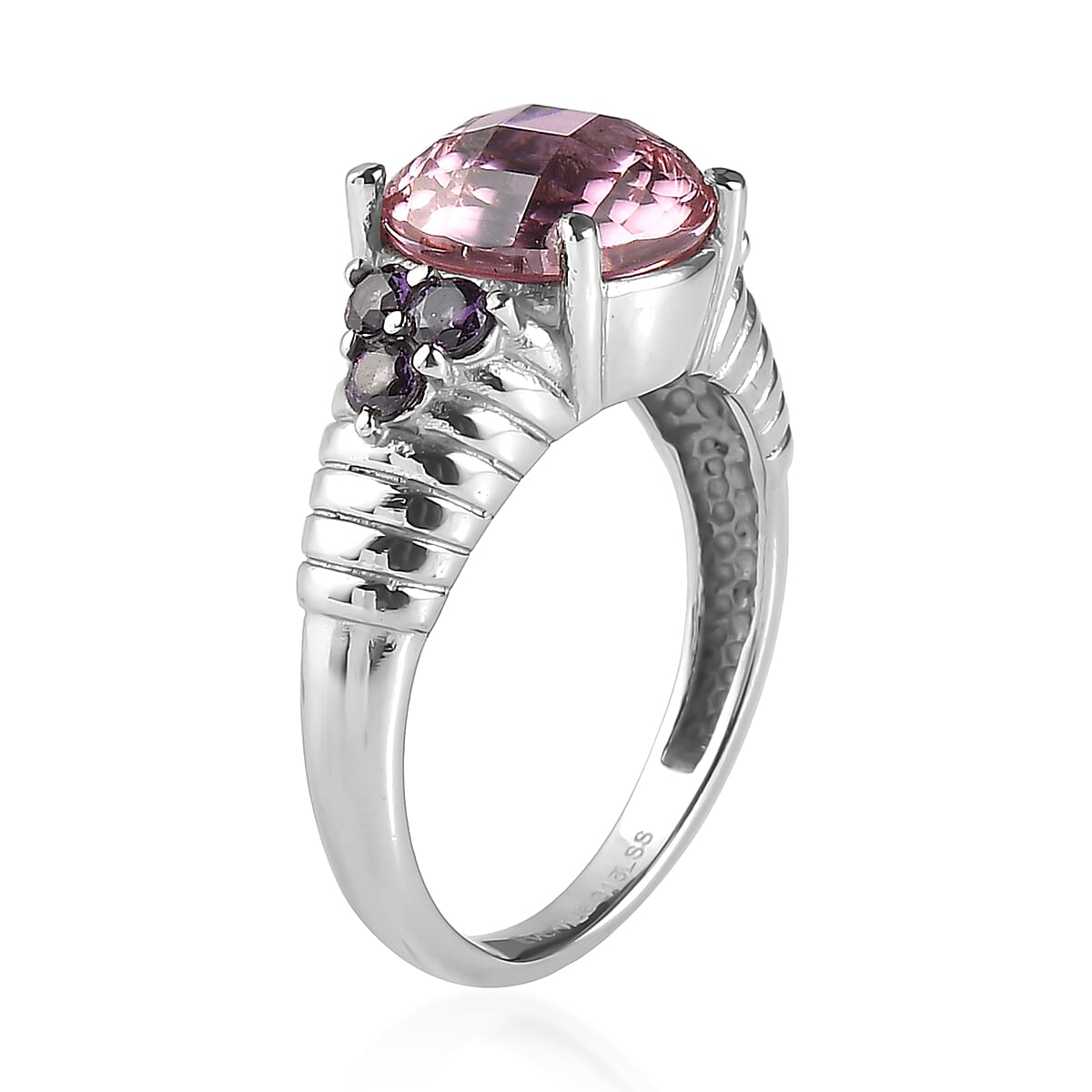 EverTrue Simulated Pink and Amethyst Color Diamond Ring in Stainless Steel (Size 6.0)