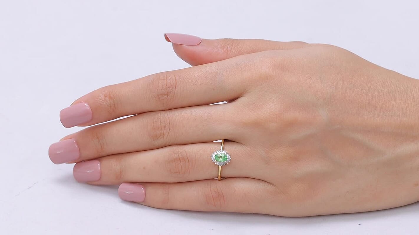 D'Joy Premium Tsavorite Garnet, Diamond Imperial Bloom Halo Ring in 18K Vermeil YG Over Sterling Silver (Size 10.0) 0.60 ctw
