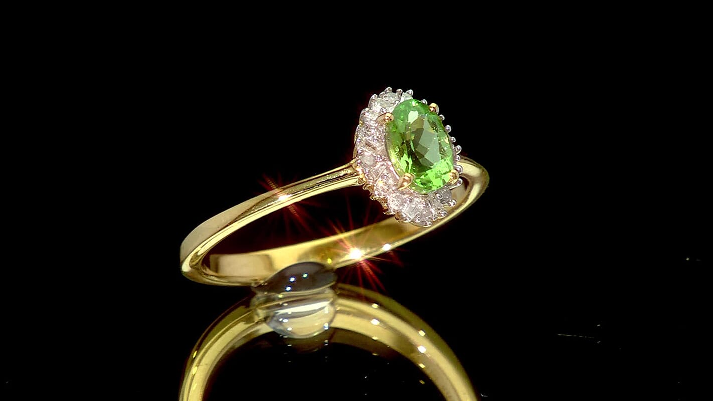 D'Joy Premium Tsavorite Garnet, Diamond Imperial Bloom Halo Ring in 18K Vermeil YG Over Sterling Silver (Size 10.0) 0.60 ctw