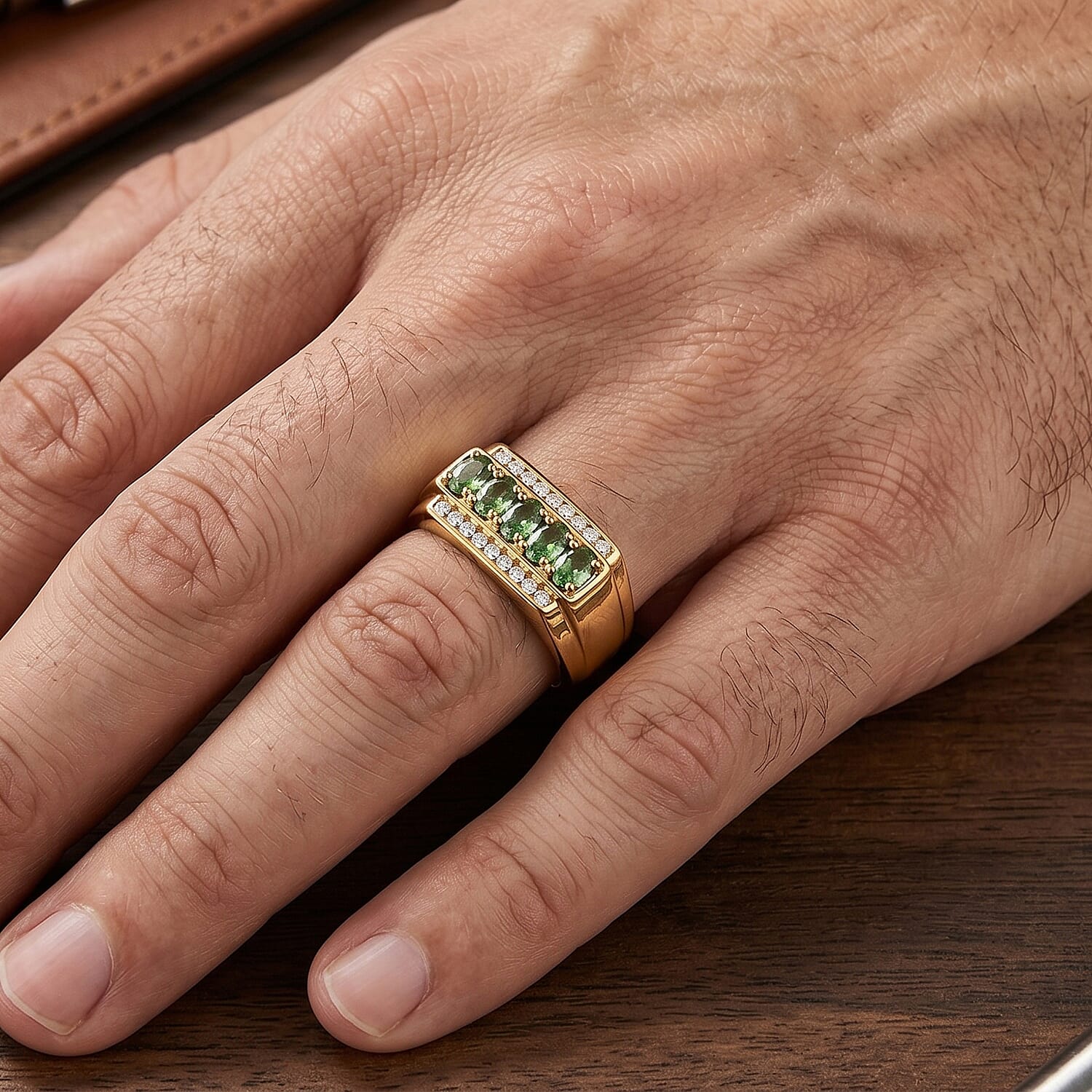 D'Joy Premium Tsavorite Garnet and Moissanite 1.10 ctw Men's Ring in 18K Vermeil Yellow Gold Over Sterling Silver (Size 9.0)