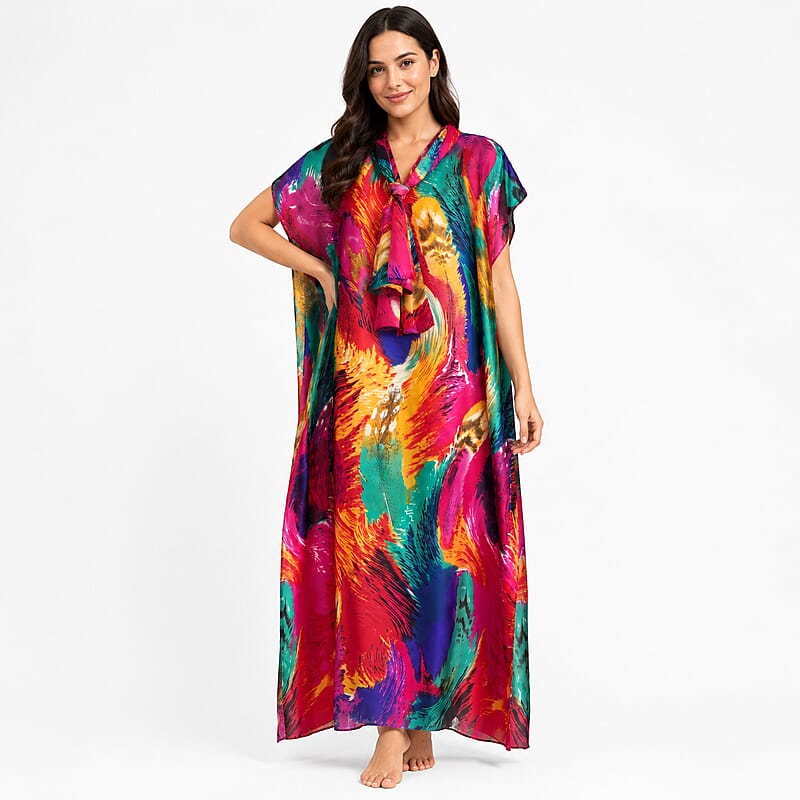 La Marey Multi Color Floral Print Long Kaftan with Scarf