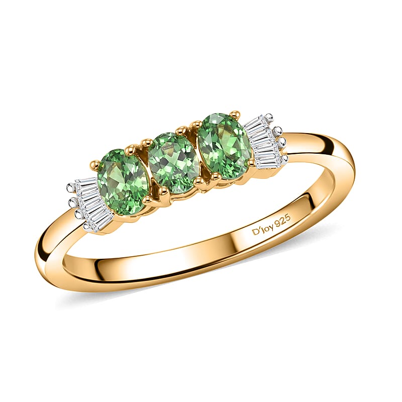 D'Joy Premium Tsavorite Garnet and Diamond 0.60 ctw Royal Trilogy Ring in 18K Vermeil Yellow Gold Over Sterling Silver (Size 5.0)