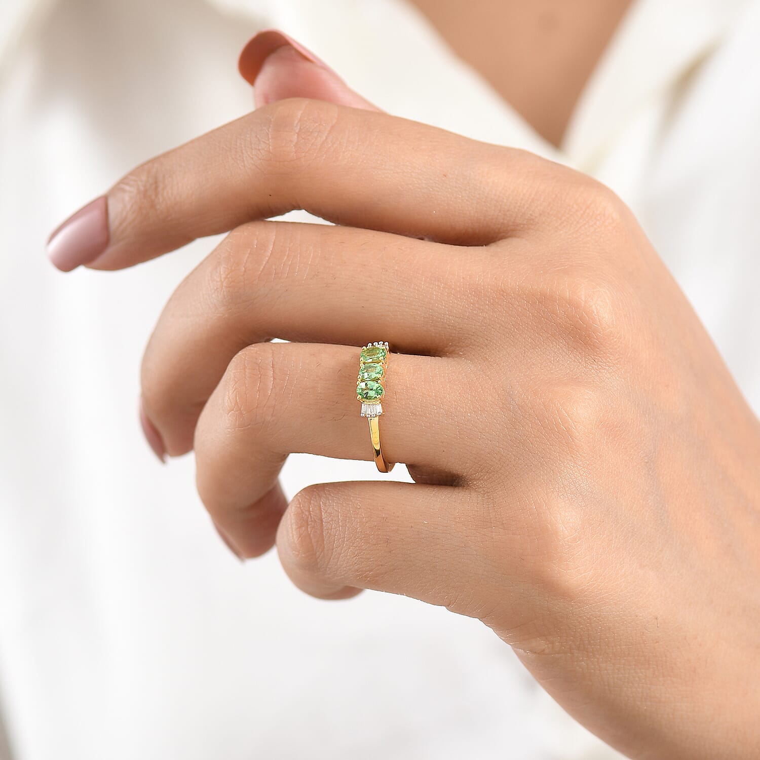 D'Joy Premium Tsavorite Garnet and Diamond 0.60 ctw Royal Trilogy Ring in 18K Vermeil Yellow Gold Over Sterling Silver (Size 5.0)
