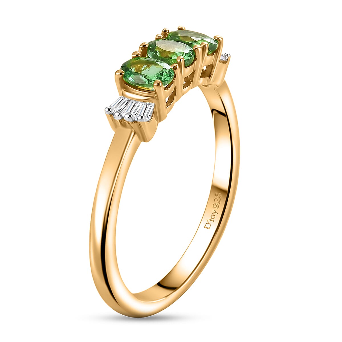 D'Joy Premium Tsavorite Garnet and Diamond 0.60 ctw Royal Trilogy Ring in 18K Vermeil Yellow Gold Over Sterling Silver (Size 5.0)