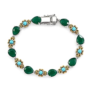 EverTrue Verde Onyx and Premium Sleeping Beauty Turquoise 14.75 ctw Forest Whisper Bracelet in 18K YG Plated and Platinum Bond (7.25 In)