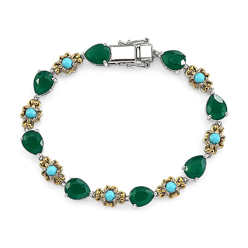 EverTrue Verde Onyx and Premium Sleeping Beauty Turquoise 14.75 ctw Forest Whisper Bracelet in 18K YG Plated and Platinum Bond (7.25 In)