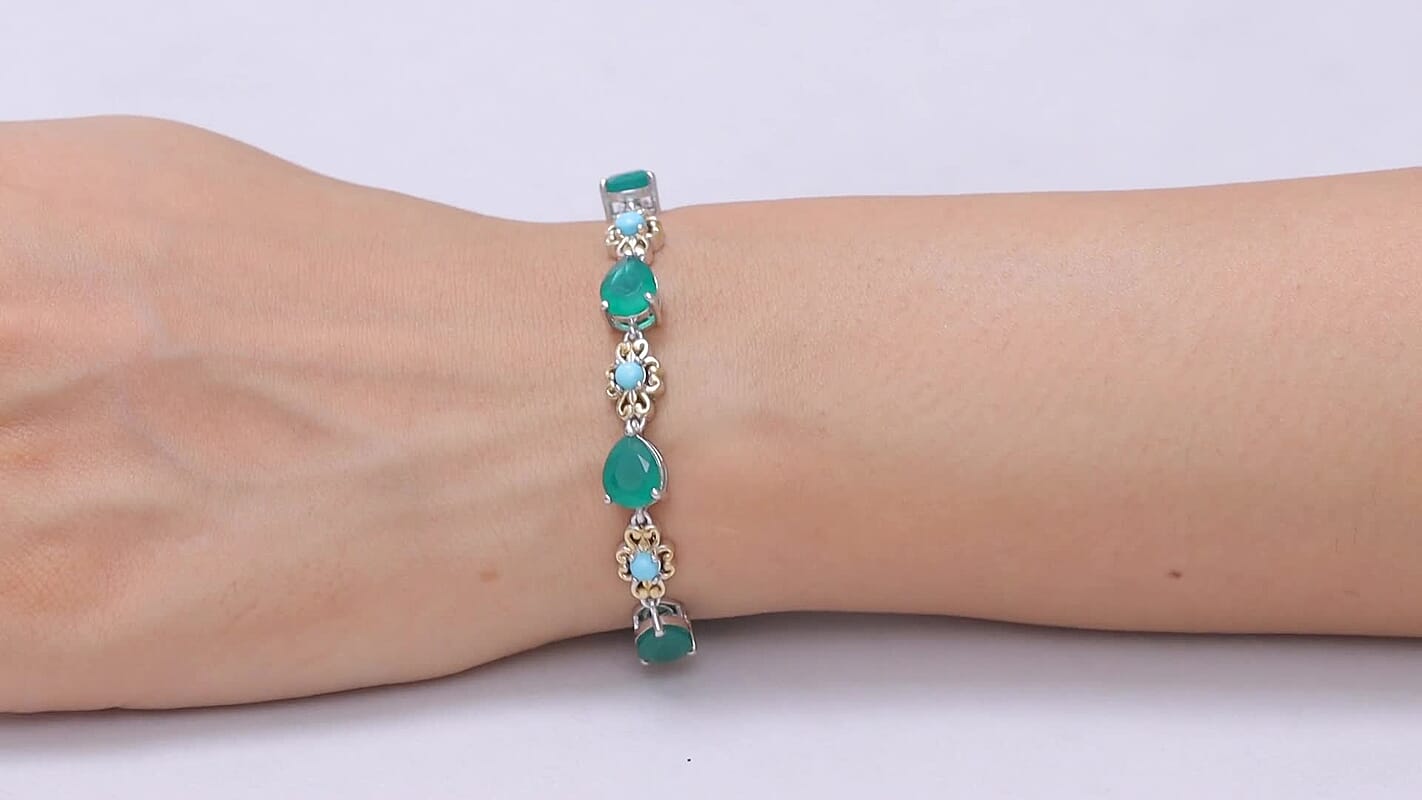 EverTrue Verde Onyx, Premium Sleeping Beauty Turquoise Bracelet in 18K YG Plated and Platinum Bond (7.25 In) 14.75 ctw