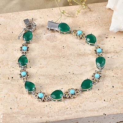 EverTrue Verde Onyx and Premium Sleeping Beauty Turquoise 14.75 ctw Forest Whisper Bracelet in 18K YG Plated and Platinum Bond (7.25 In)