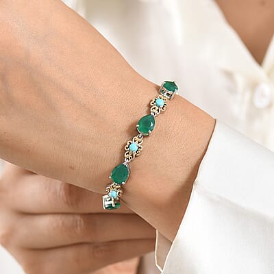 EverTrue Verde Onyx and Premium Sleeping Beauty Turquoise 14.75 ctw Forest Whisper Bracelet in 18K YG Plated and Platinum Bond (7.25 In)