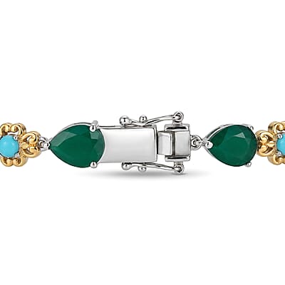 EverTrue Verde Onyx and Premium Sleeping Beauty Turquoise 14.75 ctw Forest Whisper Bracelet in 18K YG Plated and Platinum Bond (7.25 In)