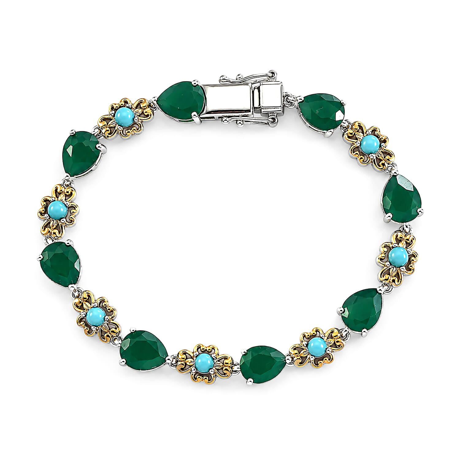 EverTrue Verde Onyx and Premium Sleeping Beauty Turquoise 13.00 ctw Forest Whisper Bracelet in 18K YG Plated and Platinum Bond (6.50 In)